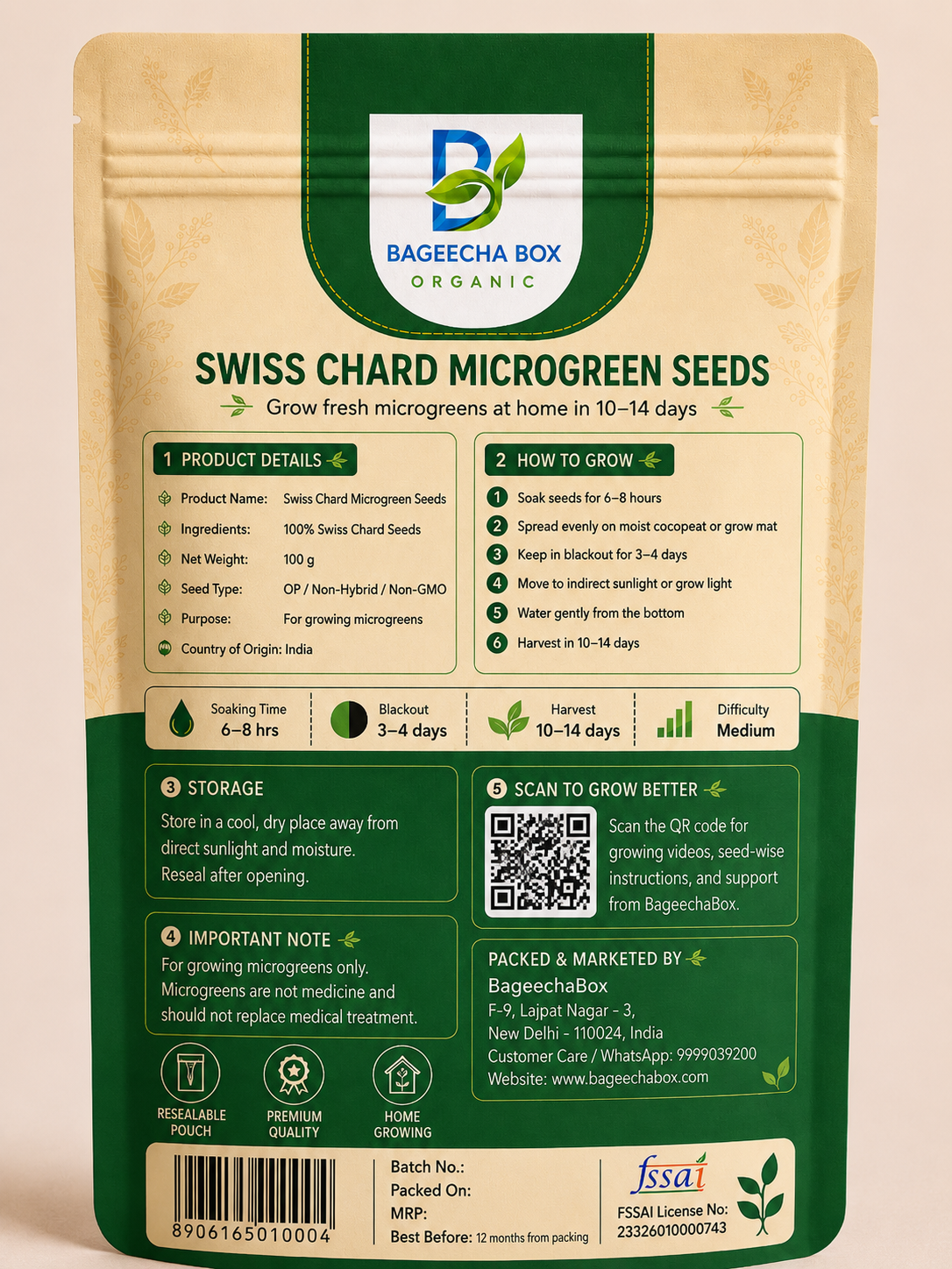 Swiss Chard microgreen seeds pack – back label with growing instructions | BageechaBox