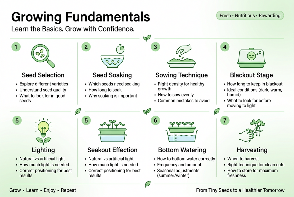 Microgreen growing guide from soaking and sowing to watering and harvest