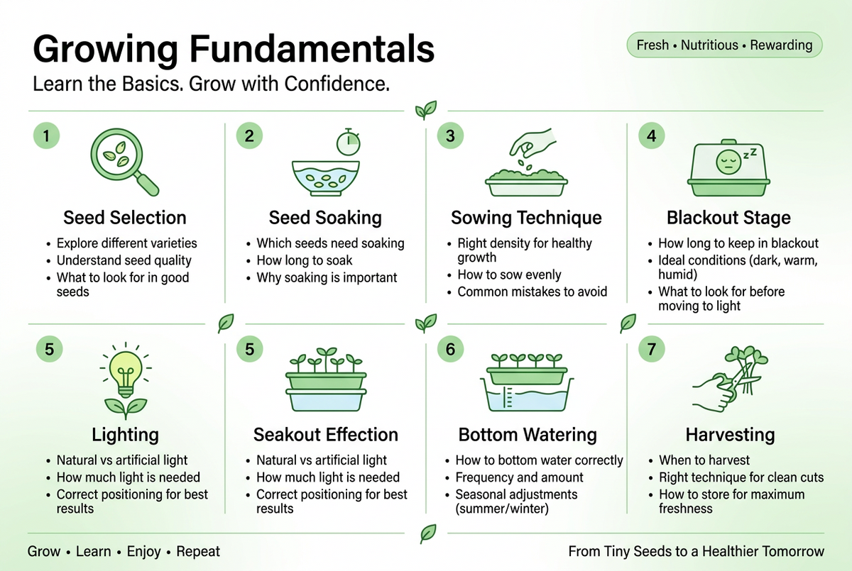 Microgreen growing guide from soaking and sowing to watering and harvest