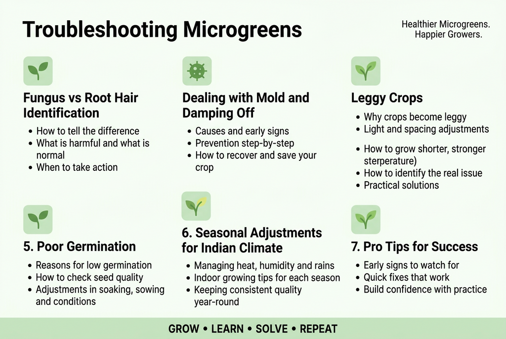 Microgreen troubleshooting guide showing root hairs, mould and growing problems