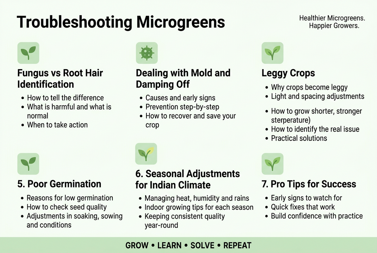 Microgreen troubleshooting guide showing root hairs, mould and growing problems