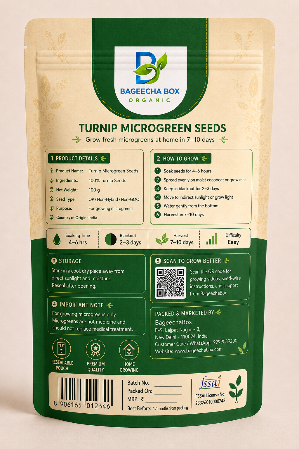 Turnip Shalgam microgreen seeds pack – back label with growing instructions | BageechaBox