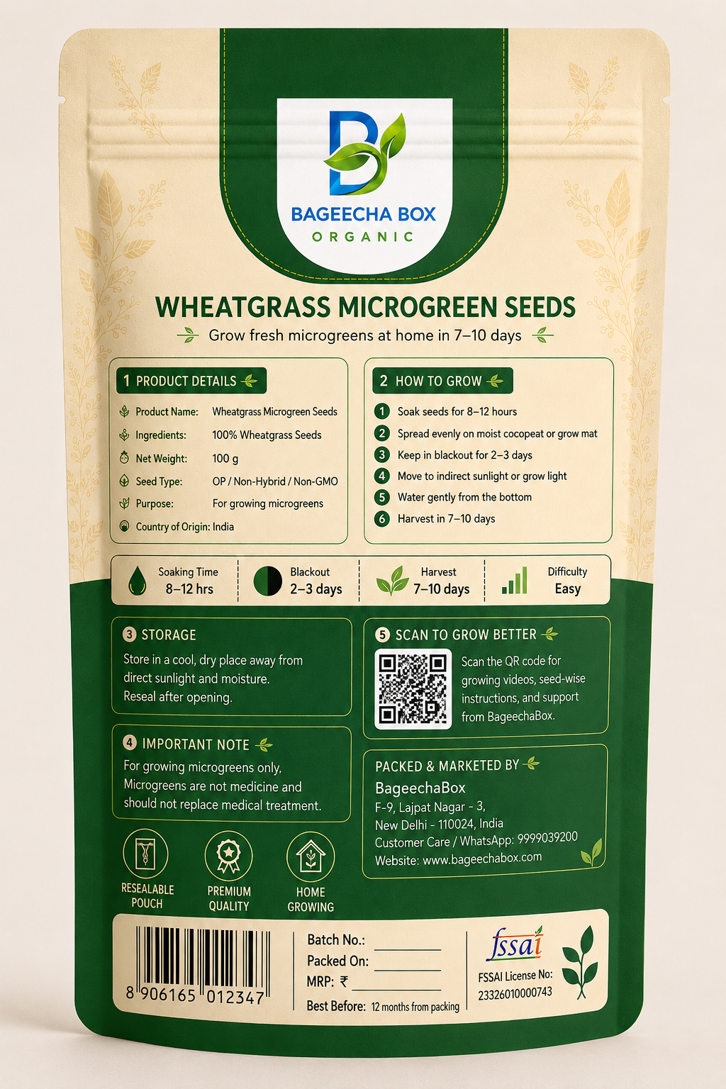 Wheatgrass microgreen seeds pack – back label with growing instructions | BageechaBox