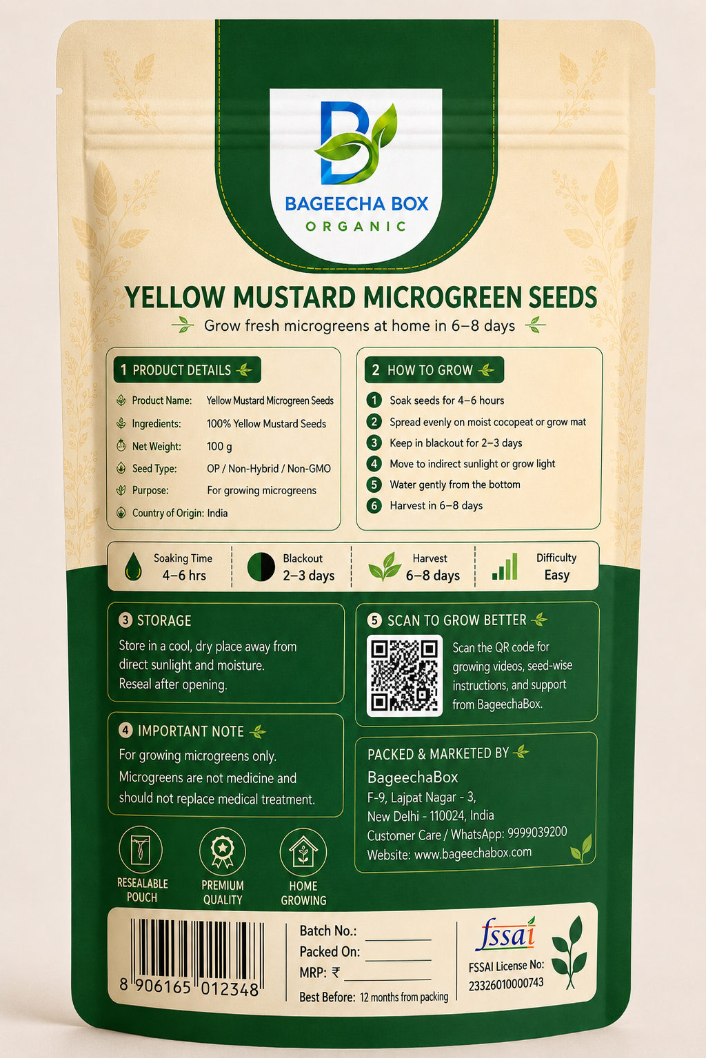 Yellow Mustard microgreen seeds pack – back label with growing instructions | BageechaBox