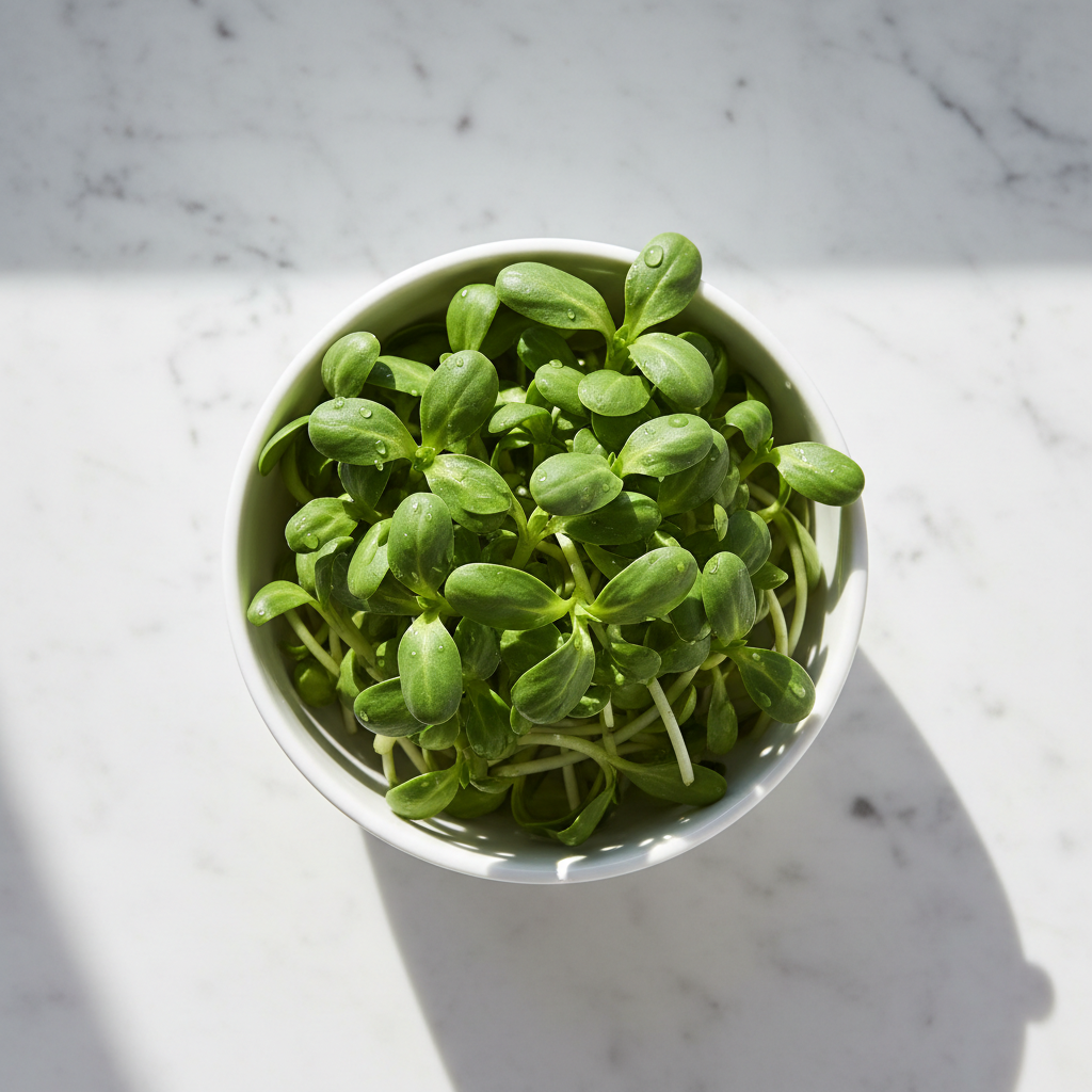 Fresh sunflower microgreens with thick bright green leaves in a white ceramic bowl on marble