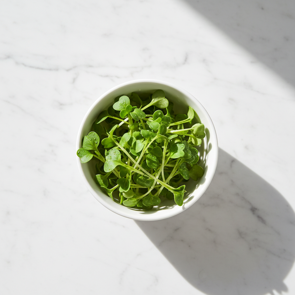 Fresh turnip shalgam microgreens with bright green round leaves in a white ceramic bowl on marble