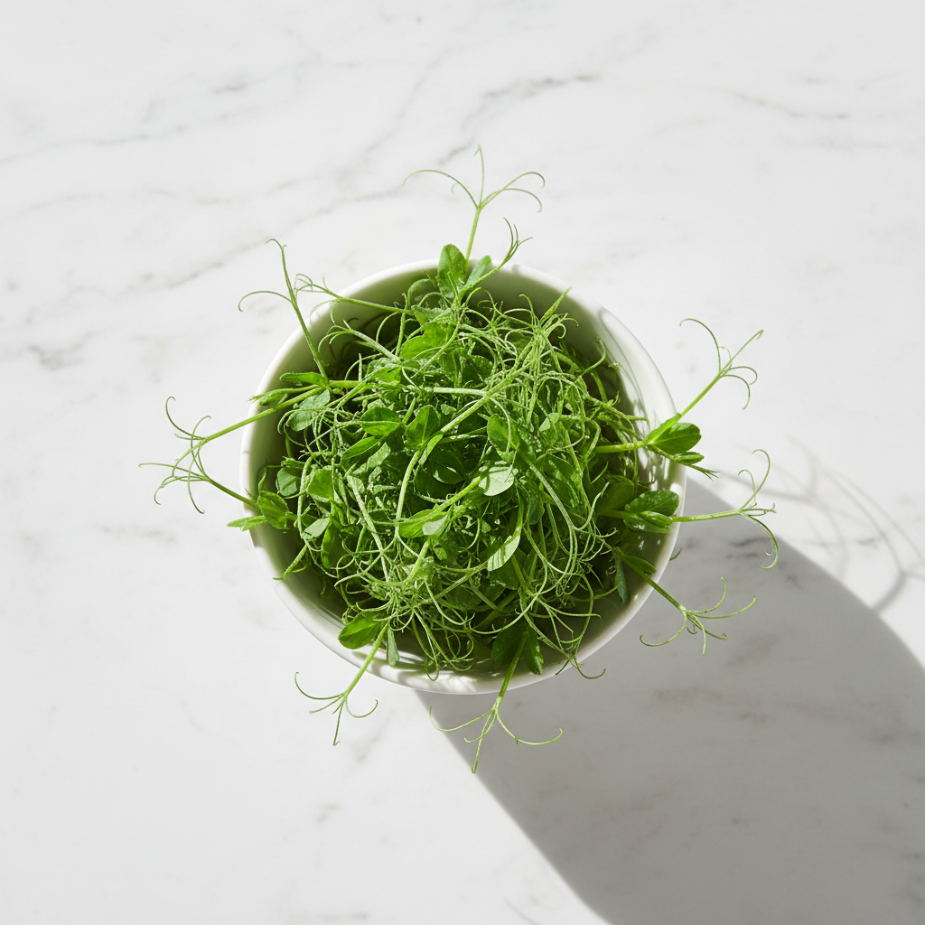 Fresh peas matar microgreens with bright green tendrils in a white ceramic bowl on marble