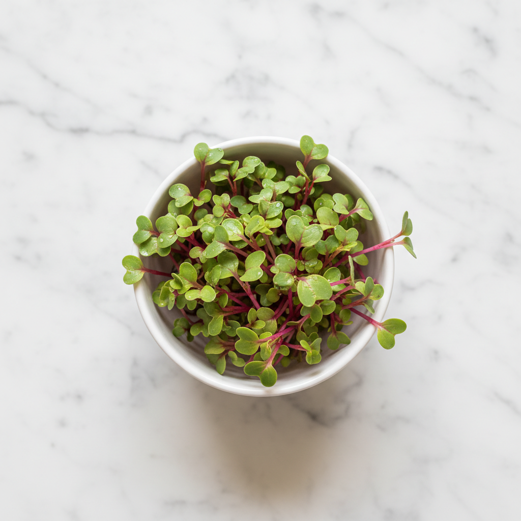 Fresh China Rose radish microgreens with vivid magenta-pink stems in a white ceramic bowl on marble