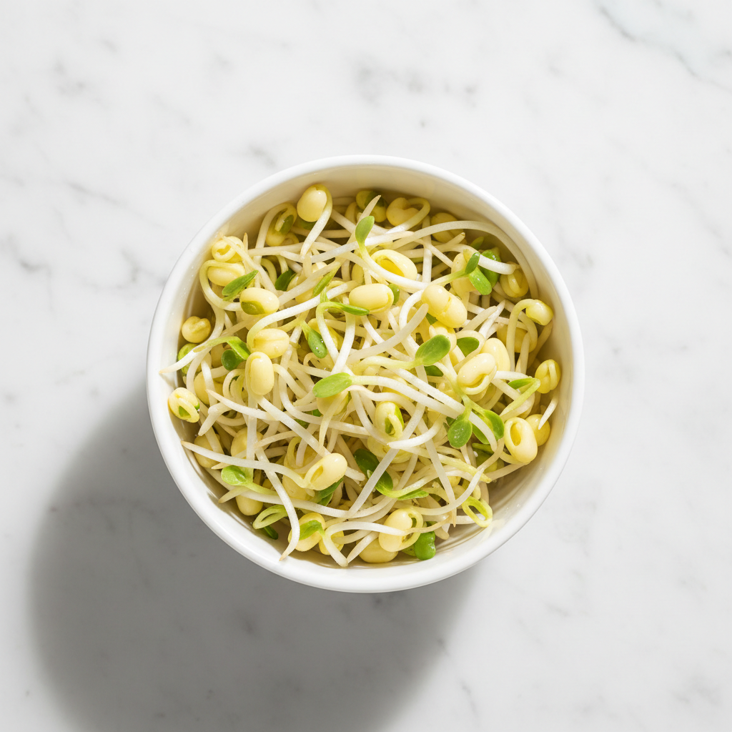 Fresh moong bean microgreens with pale yellow-green shoots in a white ceramic bowl on marble
