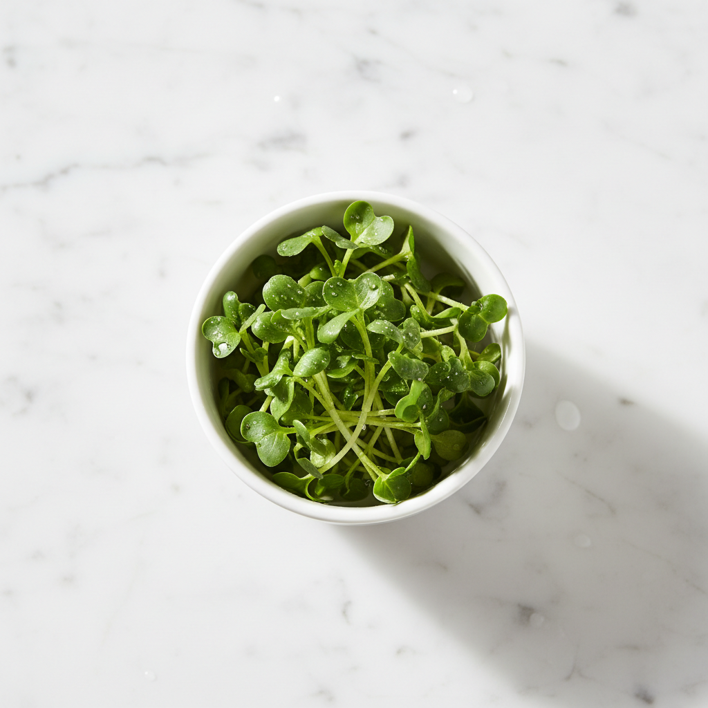 Fresh broccoli microgreens with deep green round leaves in a white ceramic bowl on marble
