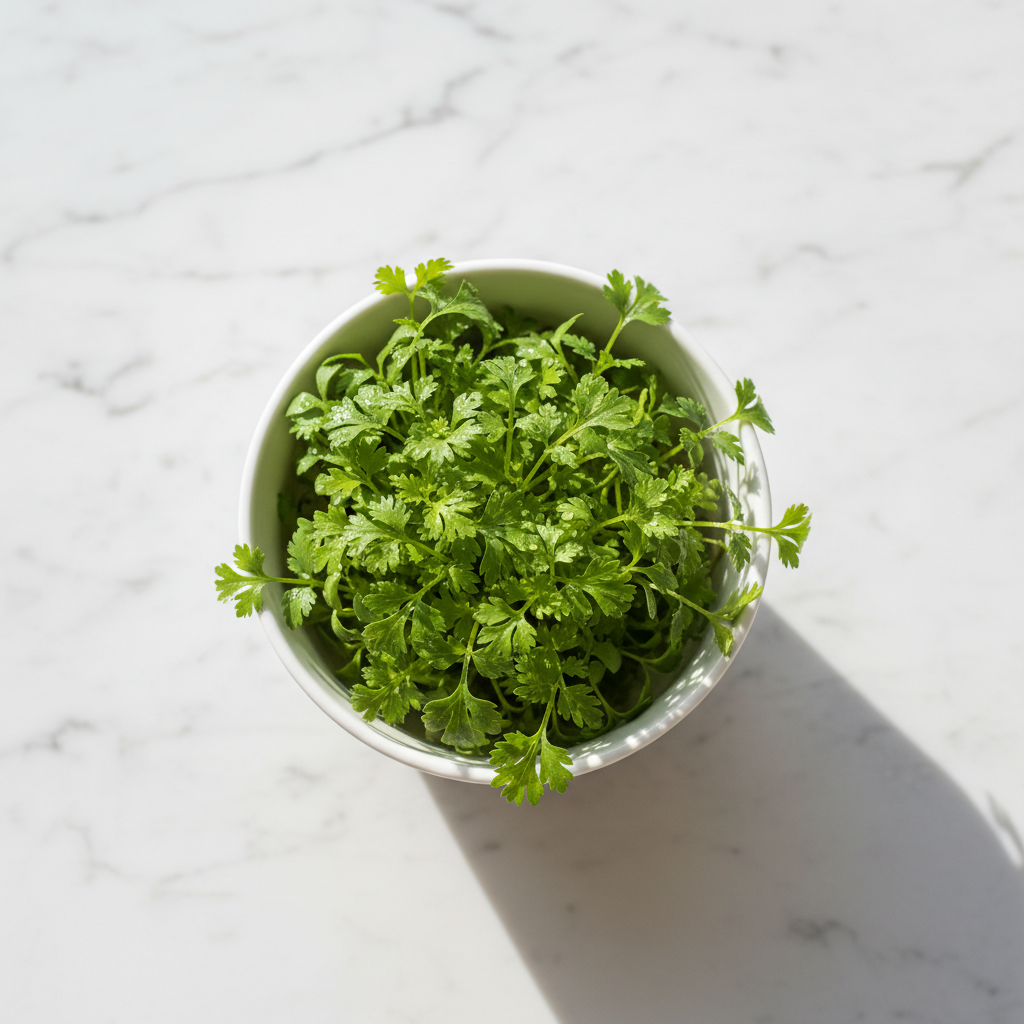 Fresh coriander dhaniya microgreens with delicate bright green lacy leaves in a white ceramic bowl on marble