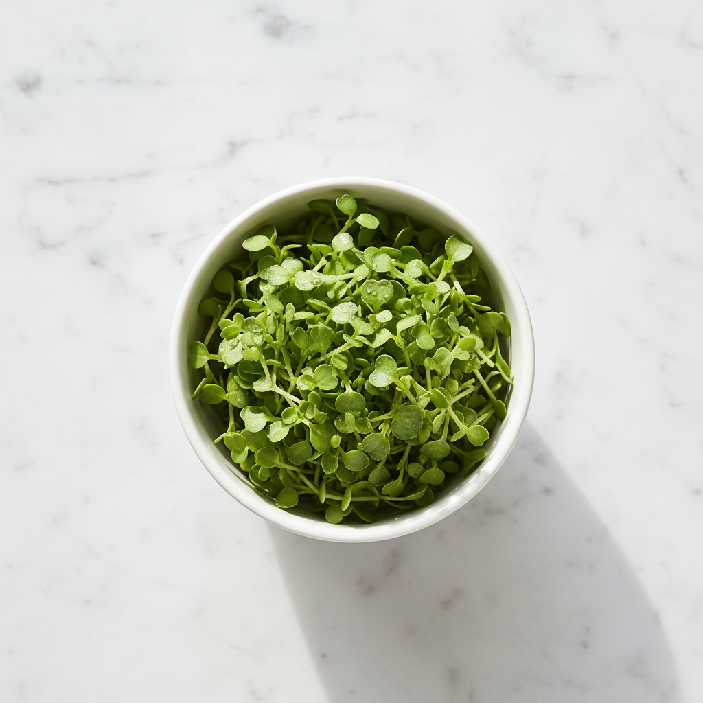 Fresh basil microgreens with small bright green oval leaves in a white ceramic bowl on marble