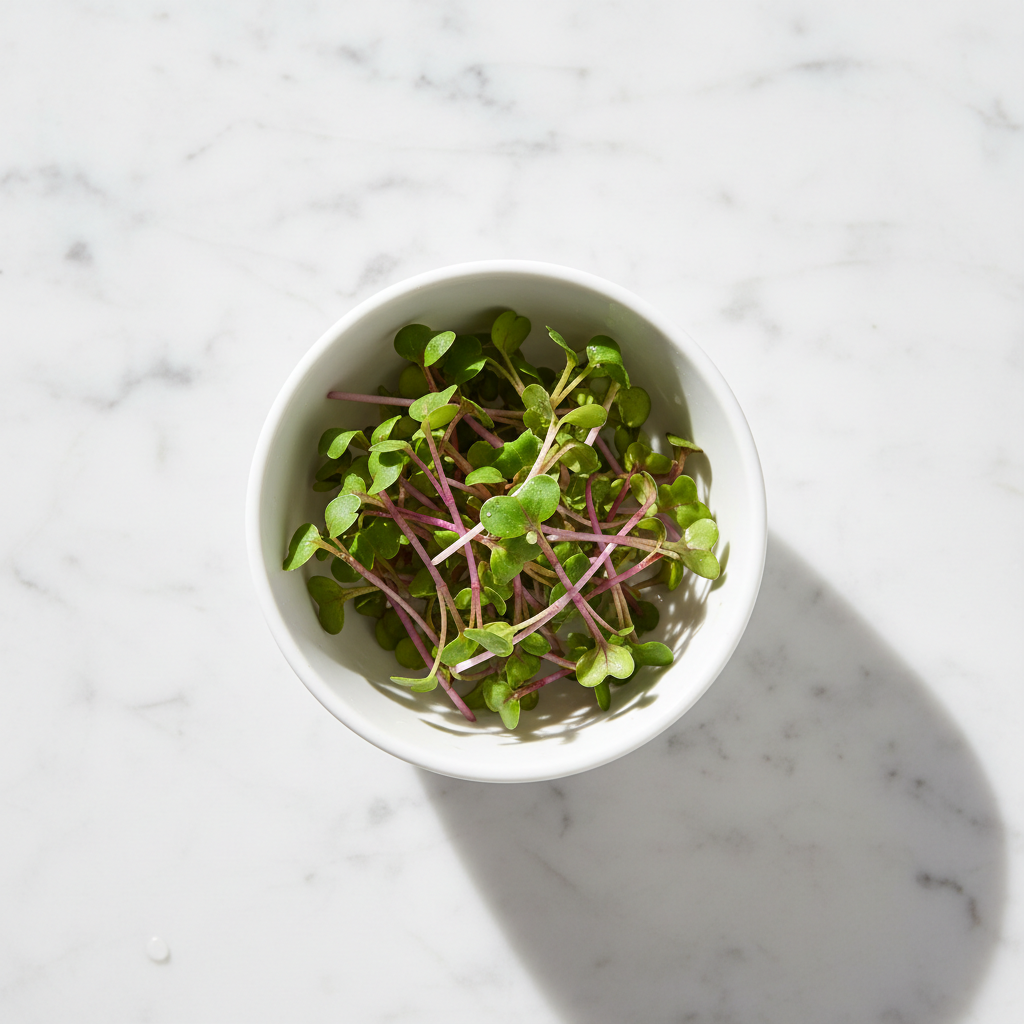 Fresh radish mooli microgreens with pink-purple stems in a white ceramic bowl