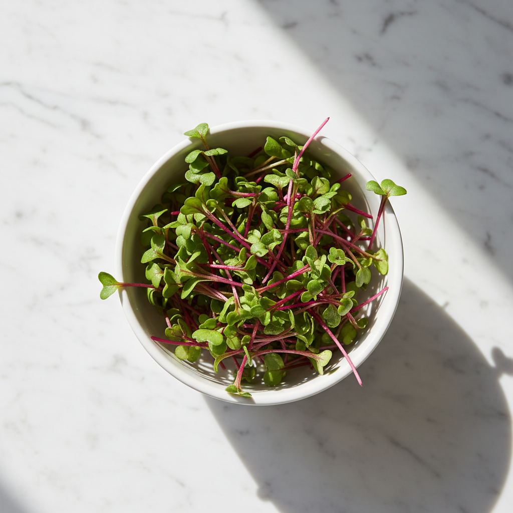 Fresh beetroot microgreens with deep pink-red stems in a white ceramic bowl on marble
