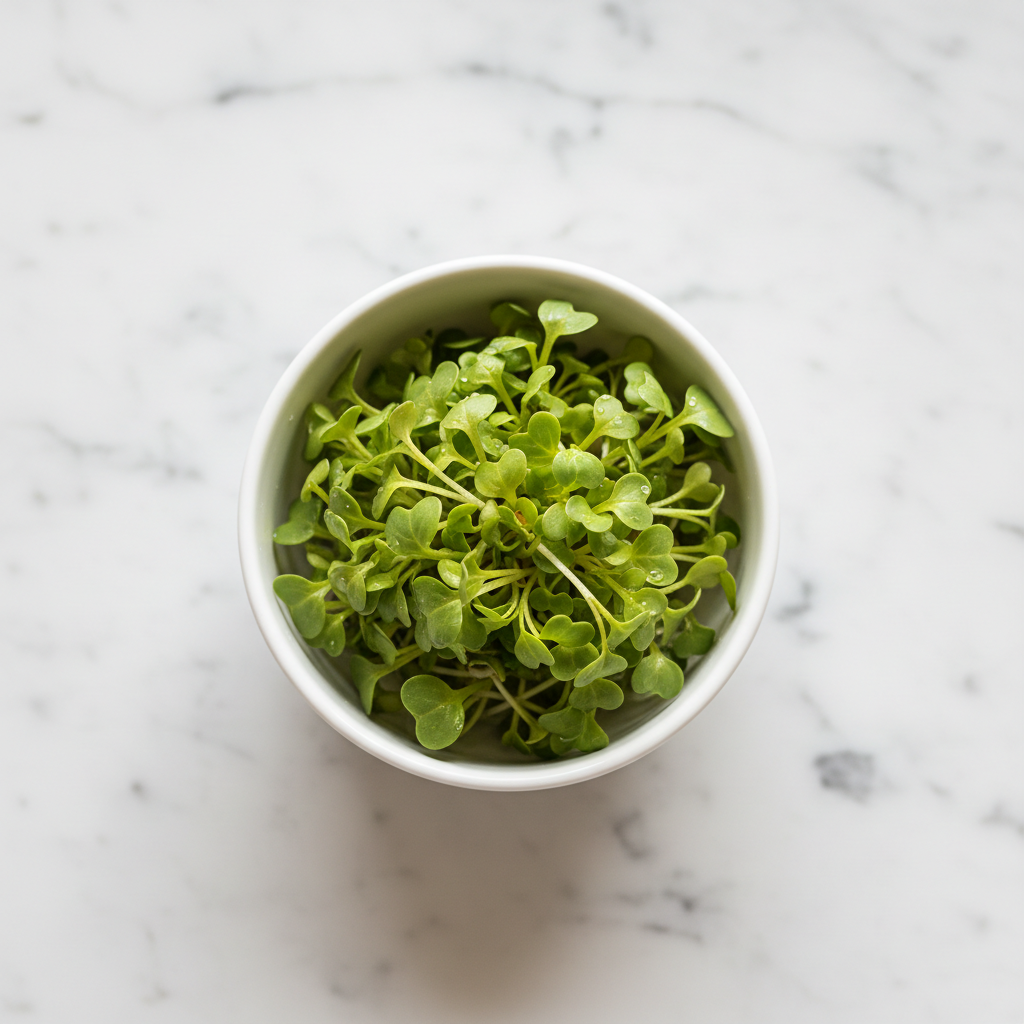 Fresh yellow mustard microgreens with bright green leaves on yellow-green stems in a white ceramic bowl on marble