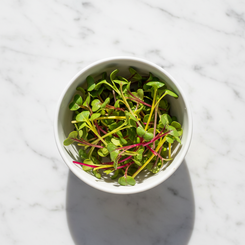 Fresh Swiss chard microgreens with vibrant green leaves and red-yellow stems in a white ceramic bowl on marble