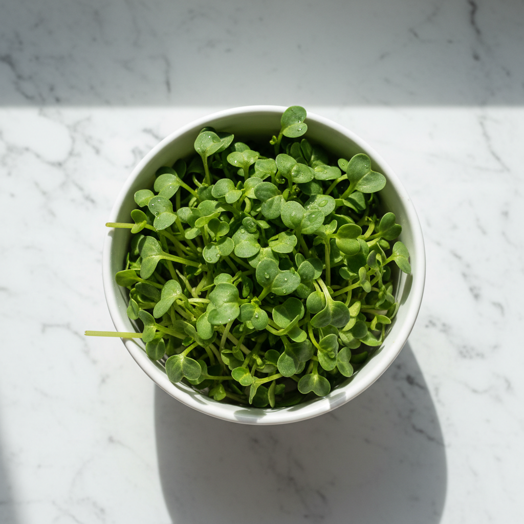Fresh spinach palak microgreens with deep green heart-shaped leaves in a white ceramic bowl on marble