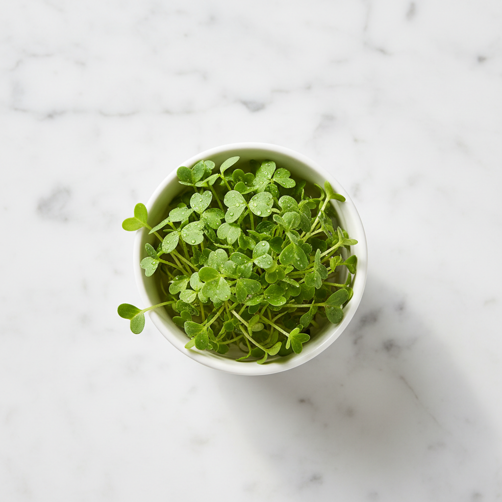 Fresh clover microgreens with delicate bright green trefoil leaves in a white ceramic bowl on marble