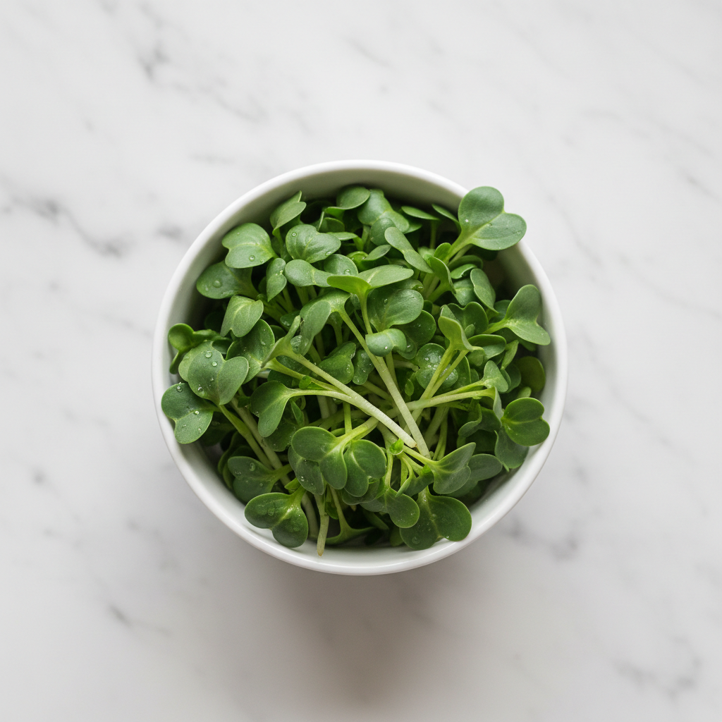 Fresh pak choi microgreens with deep green leaves in a white ceramic bowl on marble