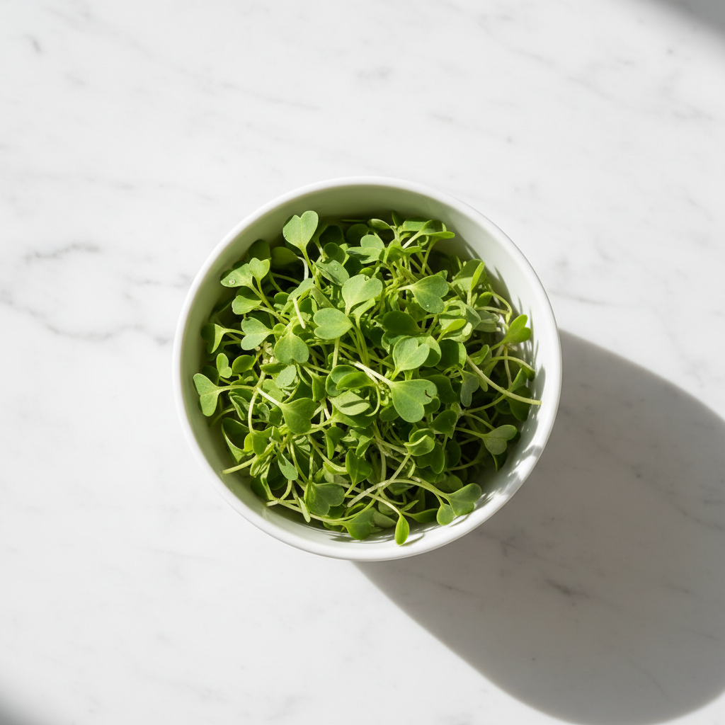 Fresh fenugreek methi microgreens with small round green leaves in a white ceramic bowl on marble