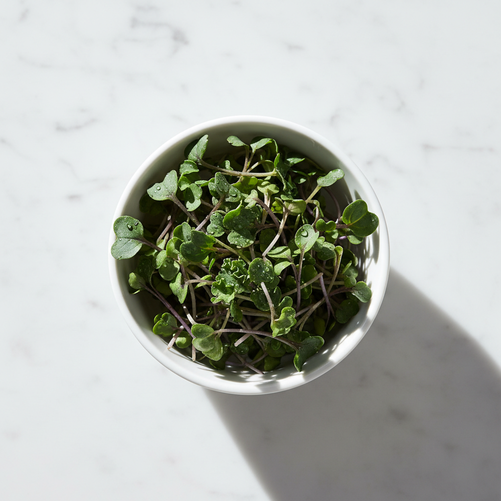 Fresh kale microgreens with deep blue-green ruffled leaves in a white ceramic bowl on marble