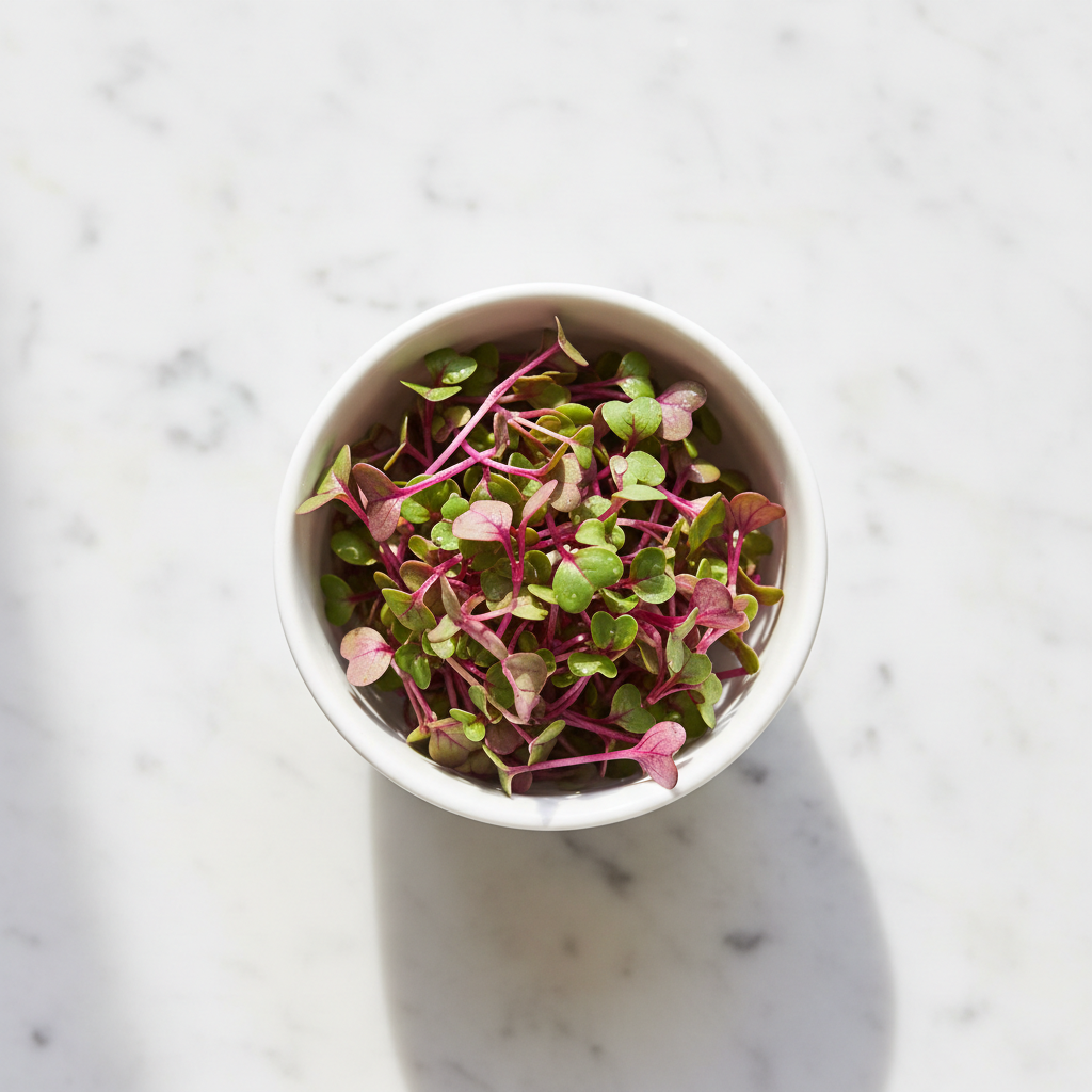 Fresh amaranth microgreens with vibrant magenta-pink and green leaves in a white ceramic bowl on marble