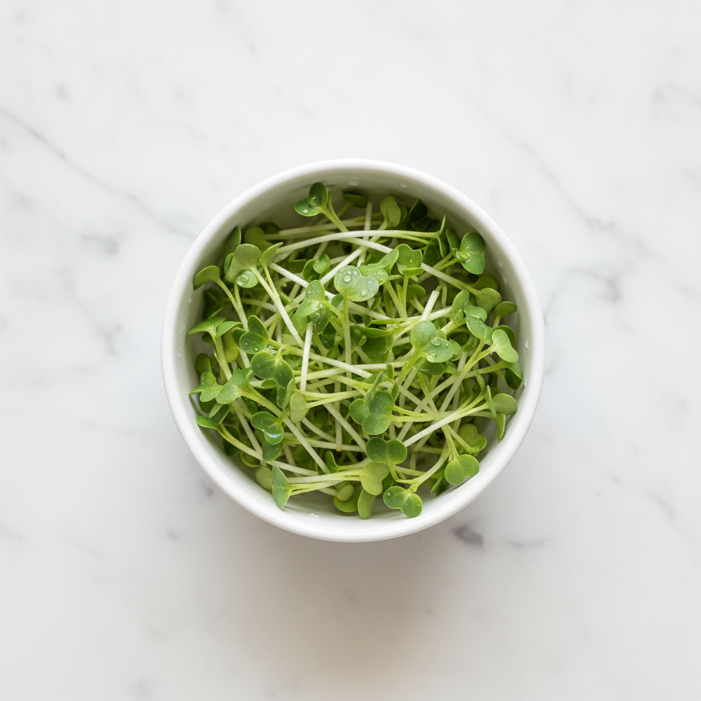 Fresh cabbage microgreens with pale green round leaves in a white ceramic bowl on marble