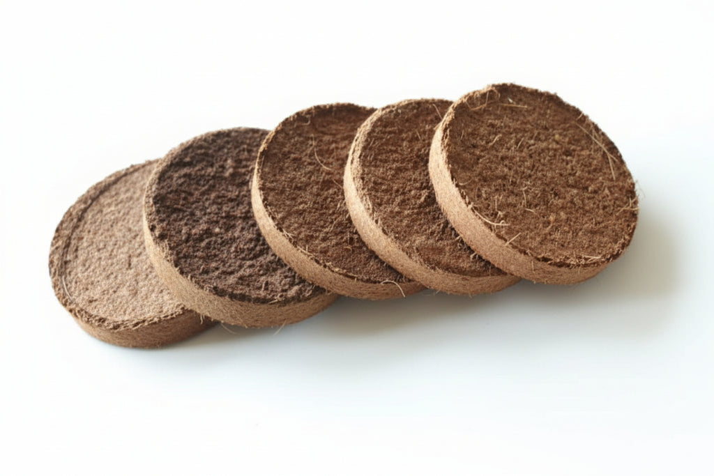 Coco coir discs 42mm with nutrients – compressed pellets
Expanded coco peat disc – nutrient‑enriched soilless medium
Coir discs used in 10x10 microgreens tray
Seedling germination in coco coir pellets