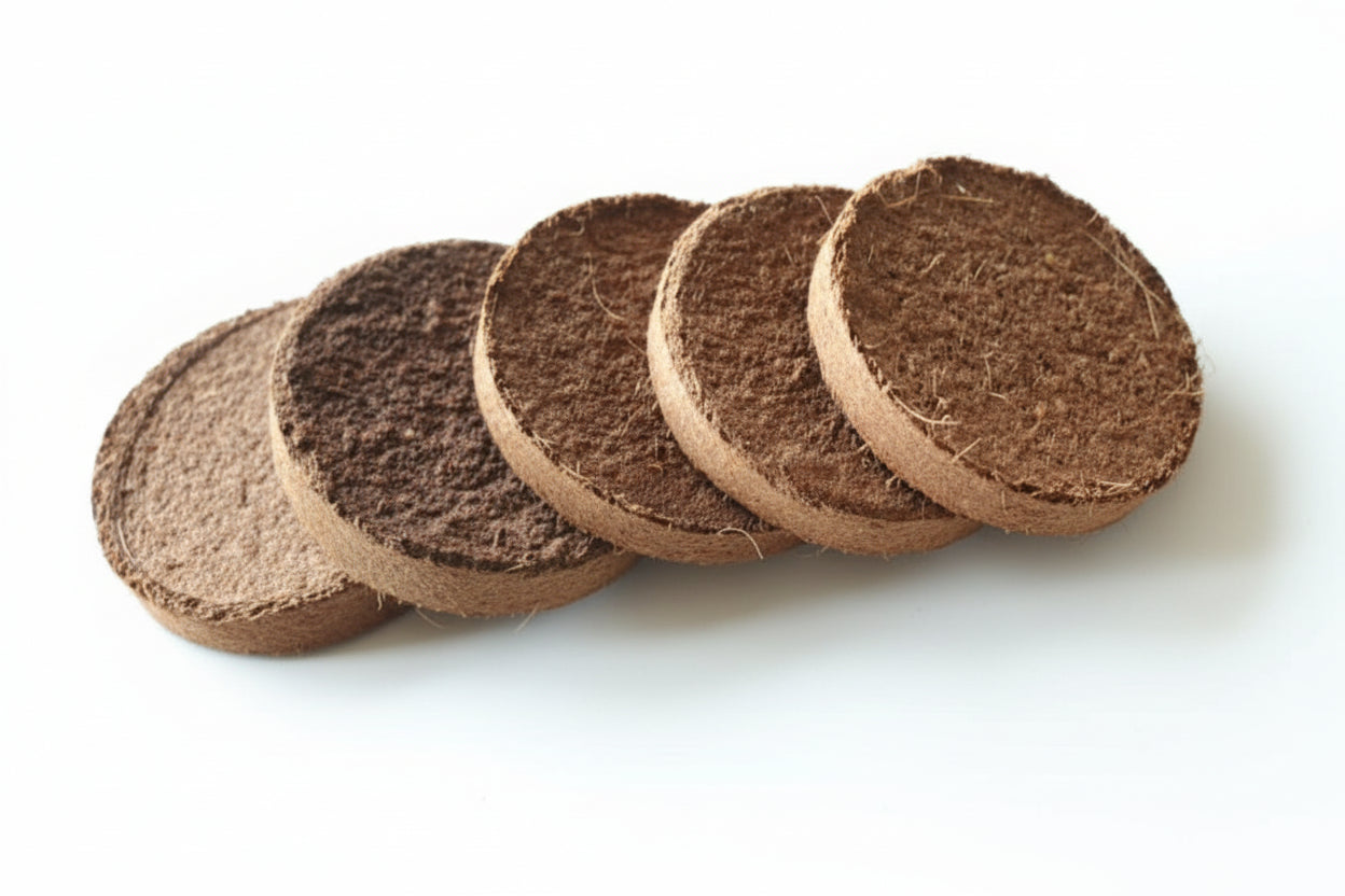 Coco coir discs 42mm with nutrients – compressed pellets
Expanded coco peat disc – nutrient‑enriched soilless medium
Coir discs used in 10x10 microgreens tray
Seedling germination in coco coir pellets