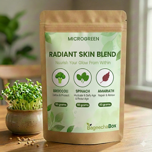 Skincare Microgreen Seeds Combo – Broccoli, Amaranth, Spinach
Broccoli microgreens close-up for antioxidant support
Amaranth microgreens for skin elasticity
Spinach microgreens rich in Vitamin A
Grow microgreens at home – skincare nutrition kit